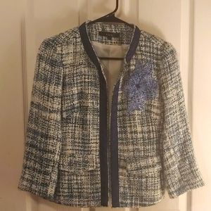 View Navy blue tweed jacket w/flower applique size 4